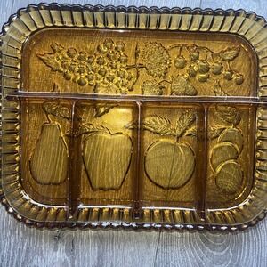 Vintage 60's Farmhouse Amber Fruit Embossed Divided Relish Platter Indiana Glass